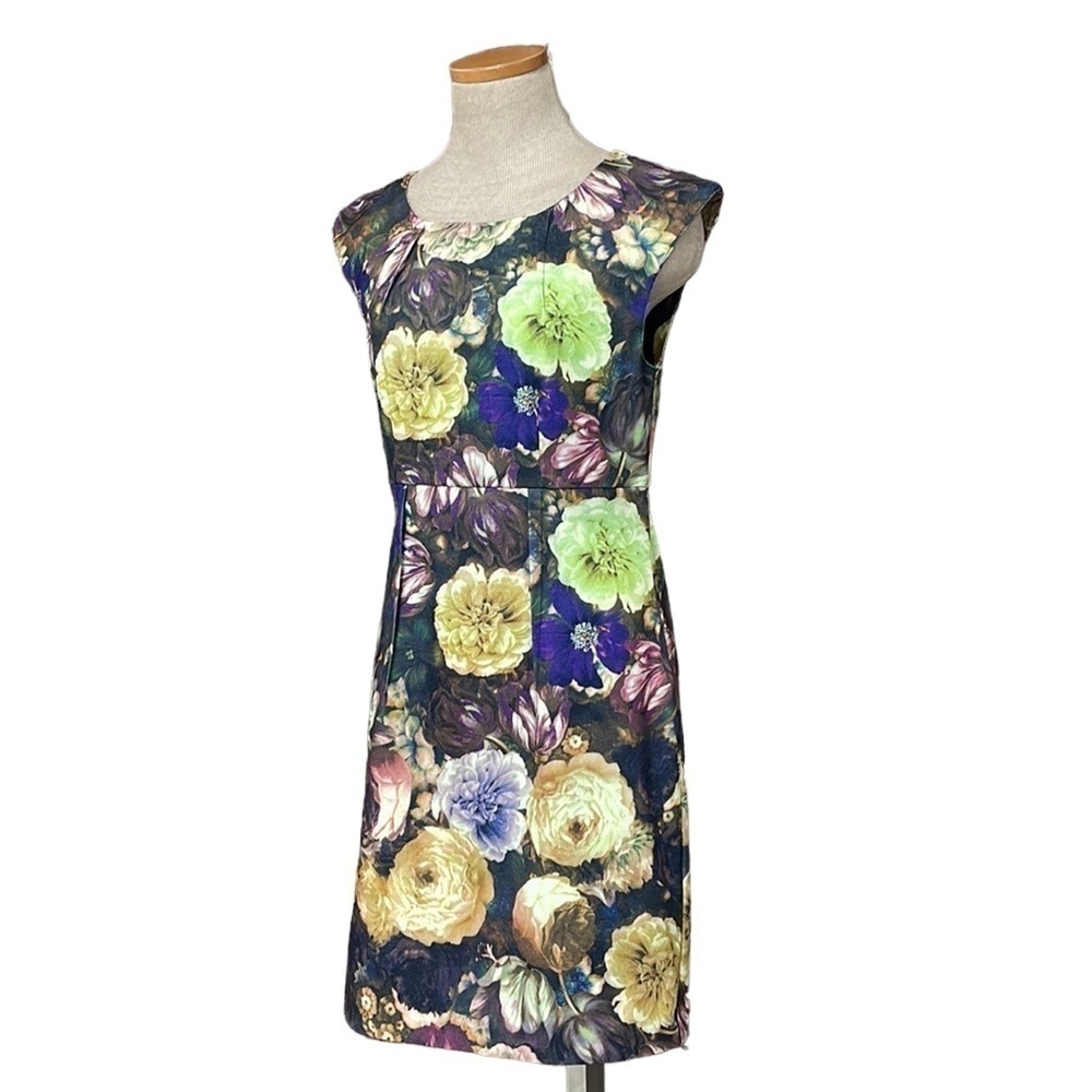 Darling Layla Fitted Dress Midi Short Sleeves Green Purple Floral Size Small S